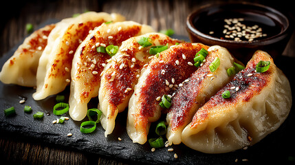 dark and abundant top-view food photograph presenting a lavish spread of various asian dumplings on a dark stone table, including jiaozi, mandu, and gyoza