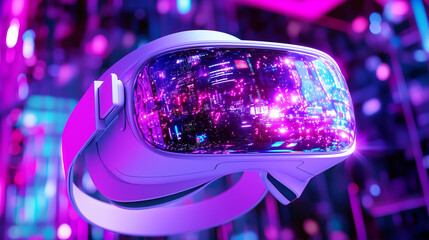  virtual reality headset with glowing led patterns, floating in a sleek tech environment, cyberpunk style, sharp focus, vibrant colors 
