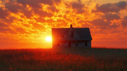 Abandoned farmhouse at fiery sunset (1)