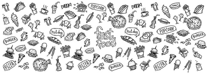 set of vector illustration doodle element related to fast food menu for food package design. hand drawn cartoon outline, black bold line isolated on white background
