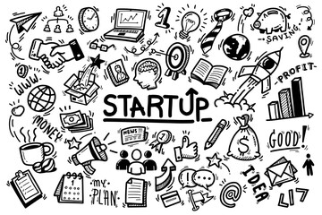 set of vector doodle element related to startup business strategy. hand drawn cartoon outline, black bold line isolated on white background