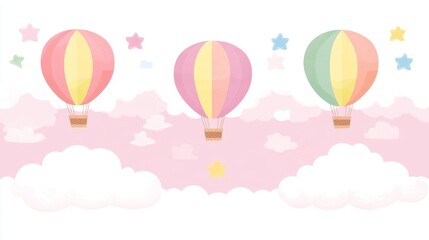 Naklejka premium A high-quality visual depiction shows a pink hot air balloon soaring through a brilliant, colorful sky, accompanied by soft, fluffy clouds