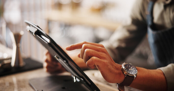 Cocktail, cafe and hands of bartender with tablet for pos, stock management or online order. Mixology, drinks or bar man on digital app for inventory checklist, menu planning or small business review