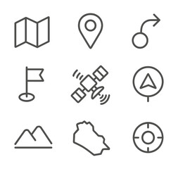 Fototapeta premium Flat vector navigation icons including compass, route, direction arrow, road map, and turn-by-turn navigation, in consistent line style with transparent background.