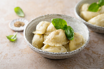Homemade dumplings served with fresh basil