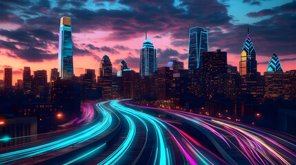 Obraz premium A city skyline at night with a neon sign on top of a building