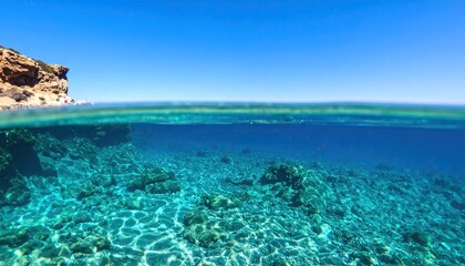 Fototapeta premium pristine blue sea with half submerged underwater, showcasing a tranquil balance between the clear sky above and the aquatic world below
