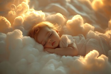 Infant peacefully asleep amidst fluffy clouds illuminated by soft light in a serene atmosphere