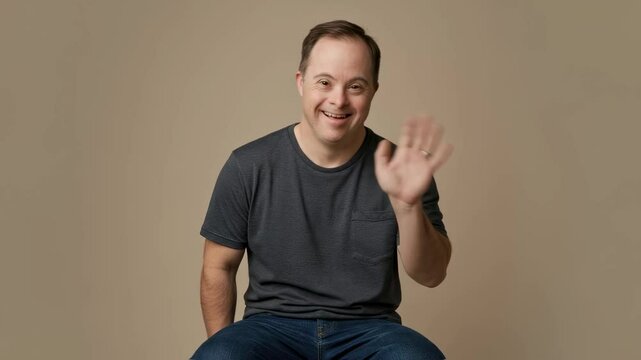 Cheerful man with Down syndrome in casual clothes looks at camera with pleasure, radiates positive emotions, waves hand. Home portrait for people with disabilities