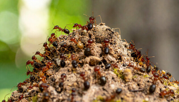 Ant Colony Ants crawl on soil, forming a colony with natural green blurred background