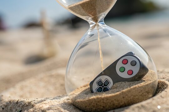 game controller in hourglass sand. Wasting time with game