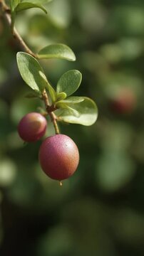 Two ripe wax jambu fruits hanging on a tree branch with leaves in a natural setting and warm sunlight.