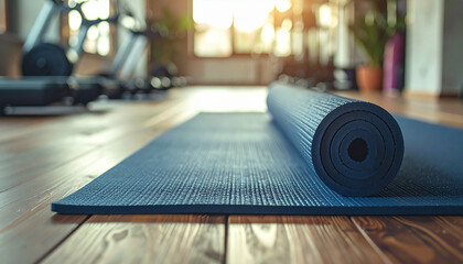 Blue yoga mat rolled in a gym setting with workout equipment and sunlight