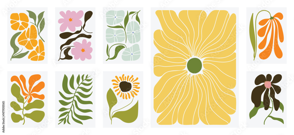 Aufkleber botanical doodle background art vector set. flower and leaves abstract shape doodle art design for p