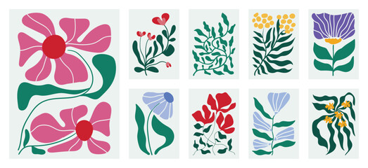 Botanical doodle background art vector set. Flower and leaves abstract shape doodle art design for print, wallpaper, clipart, wall art for home decoration.