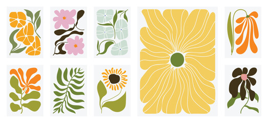 Botanical doodle background art vector set. Flower and leaves abstract shape doodle art design for print, wallpaper, clipart, wall art for home decoration.