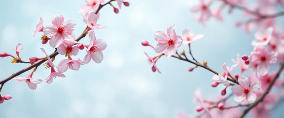 Obraz premium Overhead view of delicate pink sakura blossoms on light blue, bokeh background Happy Easter theme, holiday, background