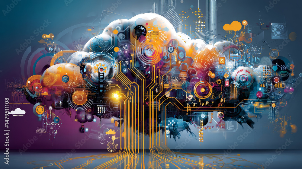 Poster ai or artificial intelligence analyzing flow of data in social networks. innovation technology digit