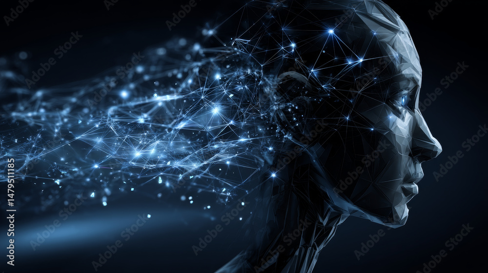Poster ai or artificial intelligence analyzing flow of data in social networks. innovation technology digit