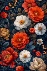 Elegant botanical pattern featuring richly detailed red, white, and beige flowers with lush leaves on a dark background. Ideal for textiles, wallpapers, and premium packaging design
