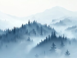 Obraz premium Misty mountain range with pine trees in atmospheric landscape view of coniferous forest in fog and haze
