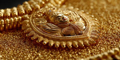 Fototapeta premium ornate and decorative close-up photograph of a golden sculpture of goddess lakshmi seated on a lotus, showering gold coins, wearing rich jewelry and a benevolent smile