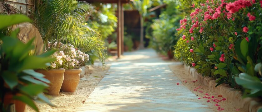 Serene Garden Path with Potted Plants and Blooming Flowers in a Tropical Setting Eye Level View - Powered by Adobe