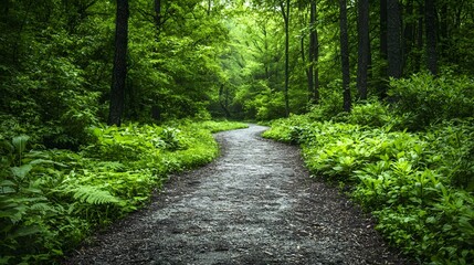 Obraz premium A serene and verdant forest pathway surrounded by vibrant green foliage winding through the natural landscape and leading into the distance offering ample copy space for your design or message