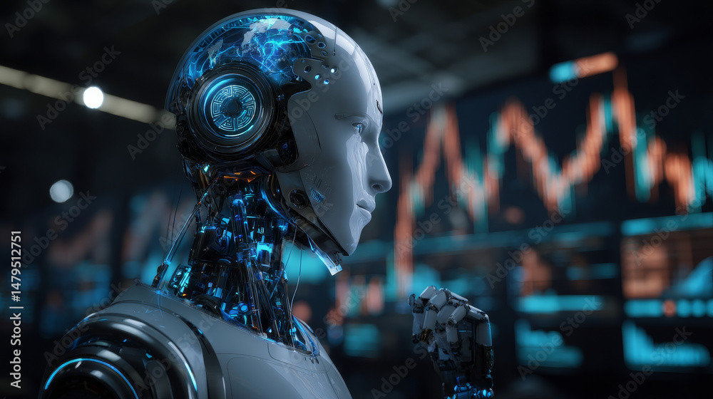Poster ai in business, fintech. face of artificial intelligence with mind looking at trading charts informa