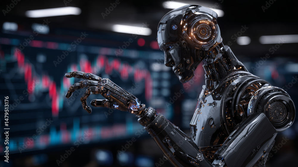 Poster ai in business, fintech. face of artificial intelligence with mind looking at trading charts informa