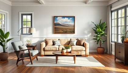 Fototapeta premium Modern farmhouse living room with classic sofa and chair, framed poster, texture, relaxed