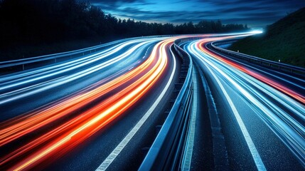 Night highway traffic trails motion blur of vehicle headlights and taillights