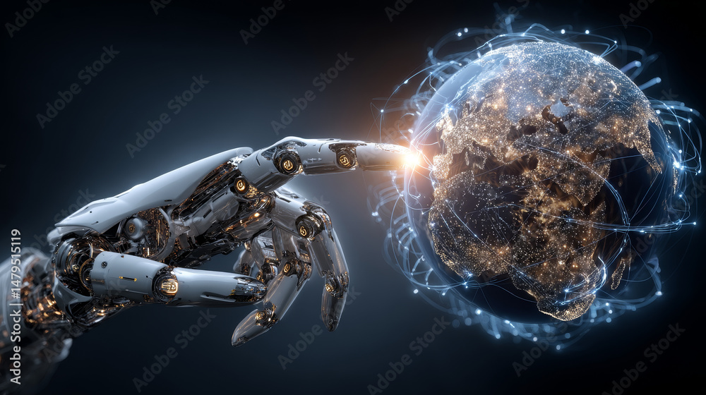 Poster ai. global communication technology concept. ai controls global network. robot hand point on earth i
