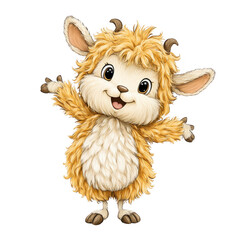 Naklejka premium A fluffy cartoon creature with small horns and a friendly face waves hello.