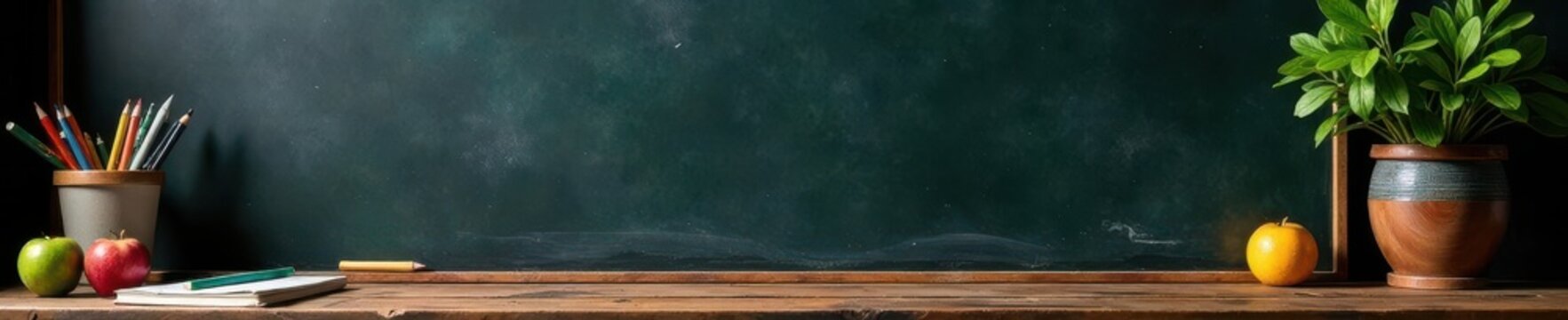 Dark wood desk, vintage blackboard, creative supplies, tools, brown