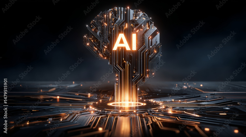 Poster artificial intelligence technology conceptual banner. ai neon letter in dark background links with i