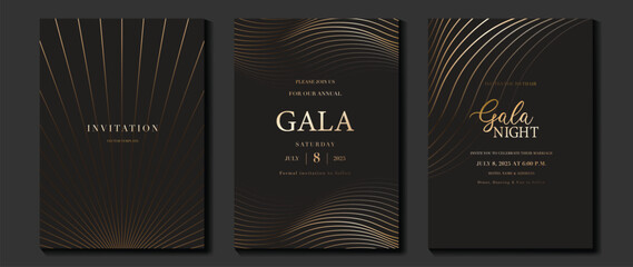 Fototapeta na wymiar Luxury wedding invitation card background vector. Golden elegant geometric shape, gold wavy lines on brown background. Premium design illustration for wedding and vip cover template, banner, poster.