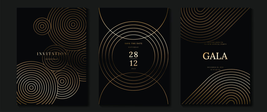 Luxury wedding invitation card background vector. Golden elegant geometric shape, gold wavy lines on dark background. Premium design illustration for wedding and vip cover template, banner, poster.