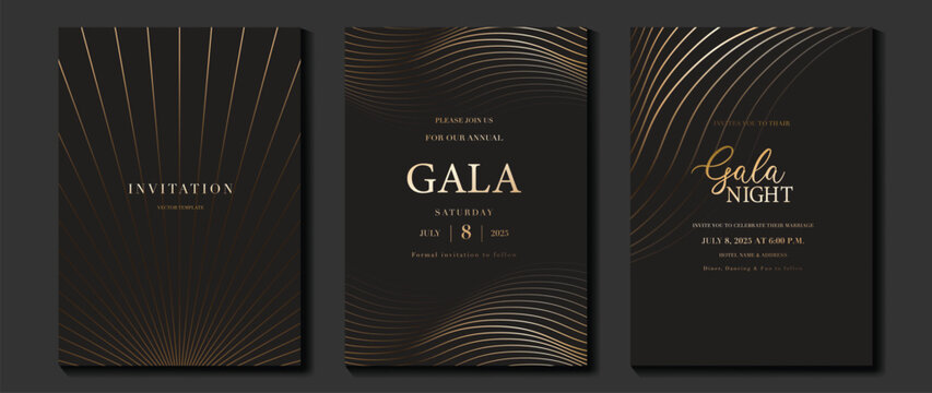 Luxury wedding invitation card background vector. Golden elegant geometric shape, gold wavy lines on brown background. Premium design illustration for wedding and vip cover template, banner, poster.