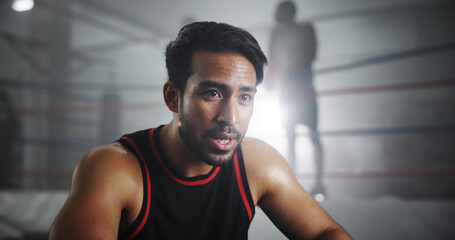 Man, boxer and tired with workout in gym, intense and recovery with sweating for self defense...