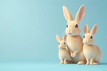 Obraz premium Family of adorable rabbits sitting together against a soft blue background, evoking warmth and joy