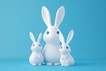 Obraz premium Three stylized white rabbits standing together against a bright blue background, showcasing playful companionship