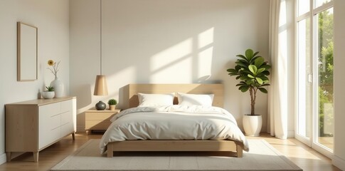 Neutral toned bedroom; beige accents, white walls, sunlight, bed, calm, window, minimalist