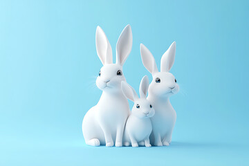 Three adorable white rabbits posing together against a soft blue background, creating a cheerful atmosphere