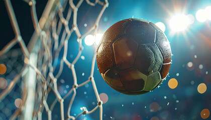 Soccer ball entering net, drops of water glistening, against bokeh background of bright stadium lights