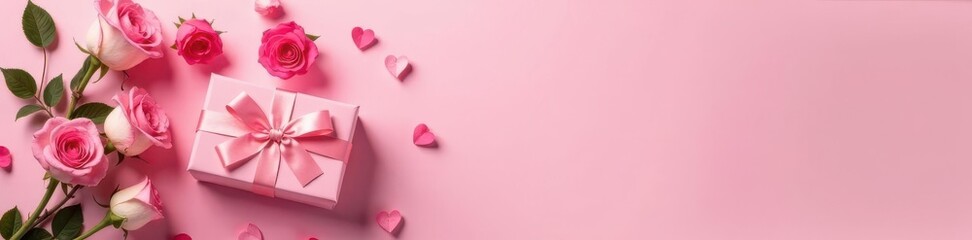 Pink roses & gift box on pink backdrop; Mother's & Valentine's theme , romance, gentle