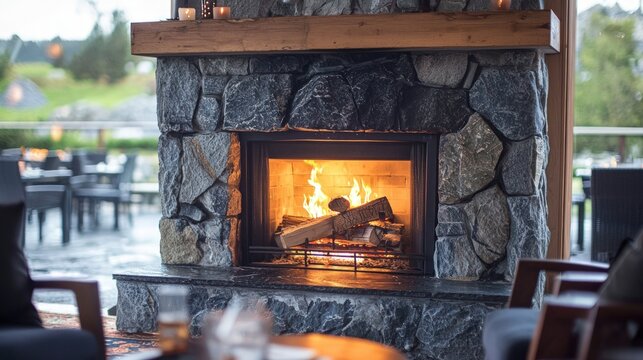 Outdoor stone fireplace with burning wood