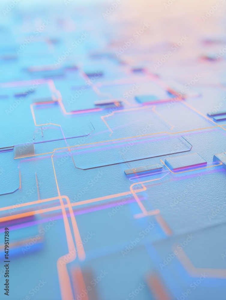 Poster abstract digital technology background with glowing circuit lines on blue surface, representing inno