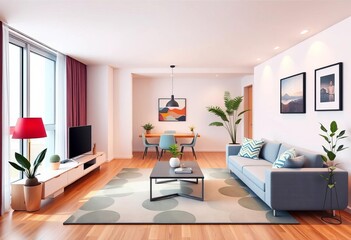 Flat contemporary apartment interior with modern furniture Vector illustration, simple, carpet