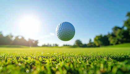 Golf ball in flight above a green lawn, bright sunny day, trees, and blue skies